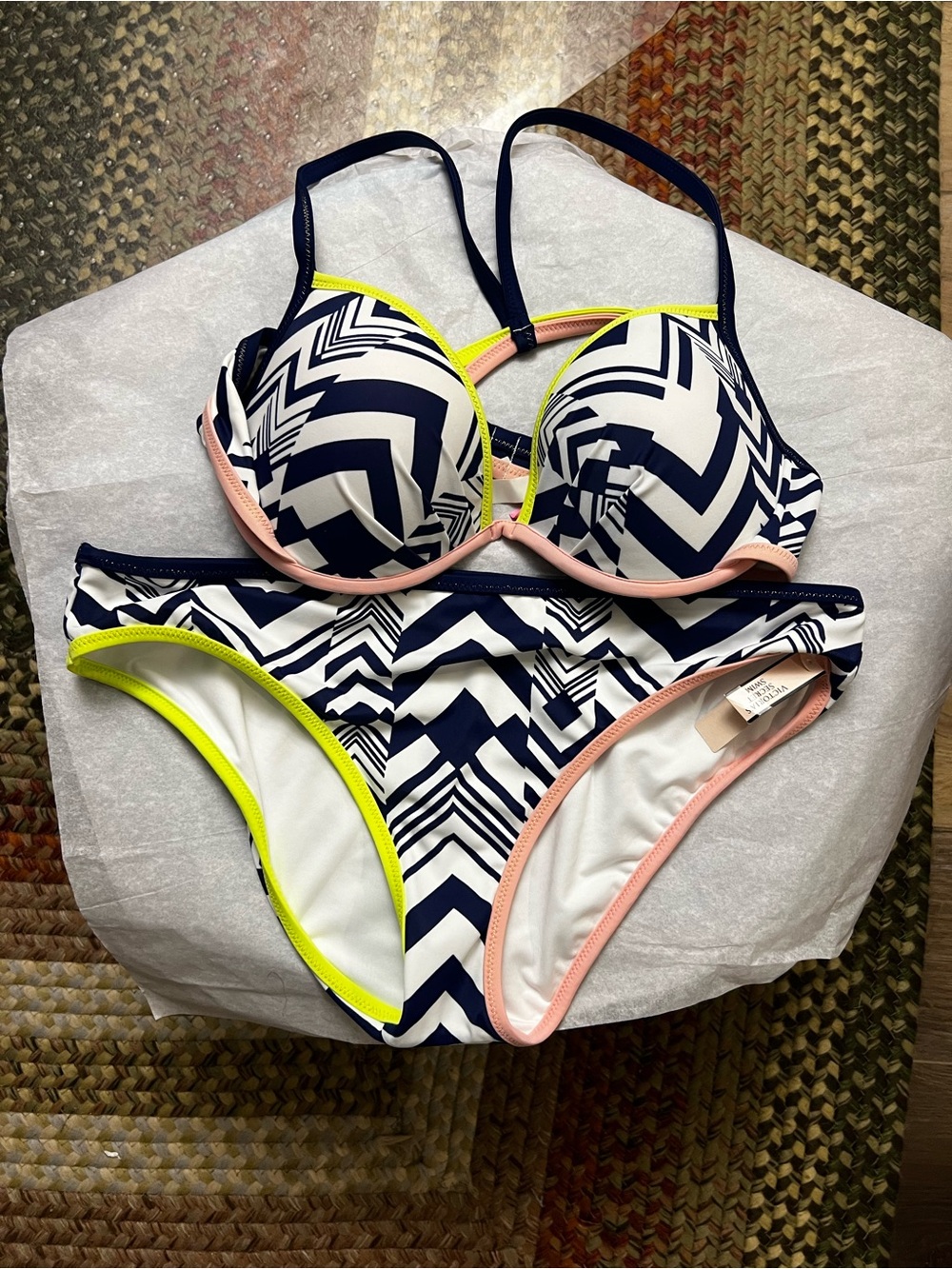Victoria’s Secret Pink Blue and Yellow Geometric Print Bikini Set size large